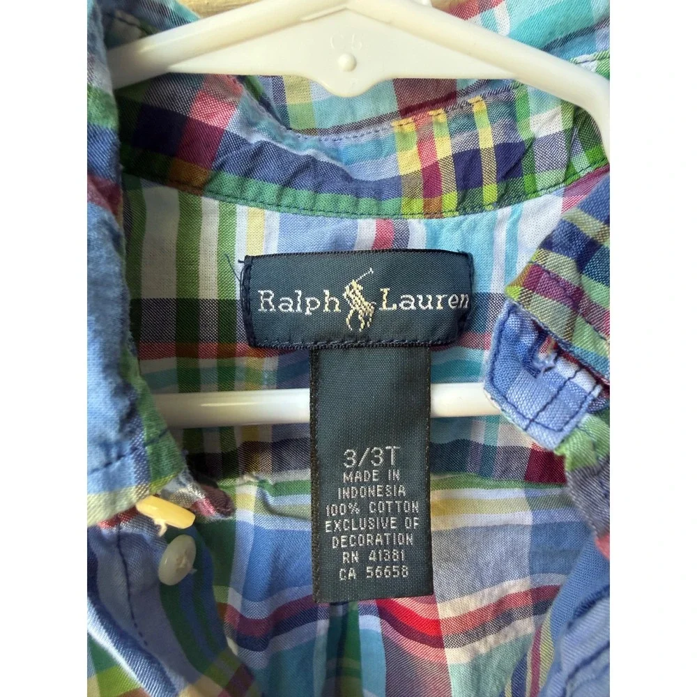Ralph Lauren Boys Short Sleeve Plaid Button Down Shirt Blue Red Madras Size 3T